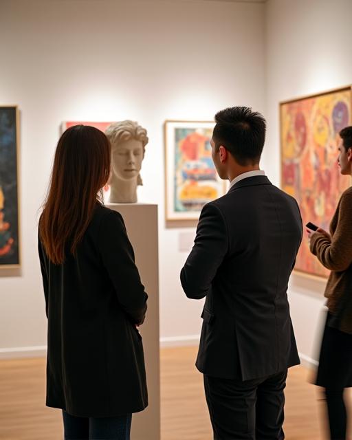 BanyanHue founders discussing an art piece in a gallery setting.