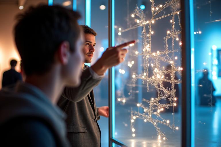 A visitor interacting with a kinetic sculpture.