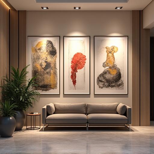 A curated art collection in a modern office lobby.