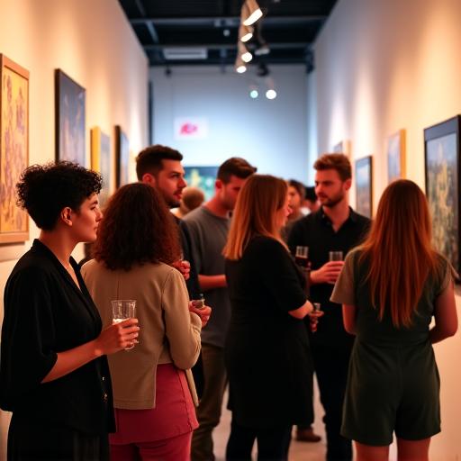 People mingling at a vibrant art exhibition opening.