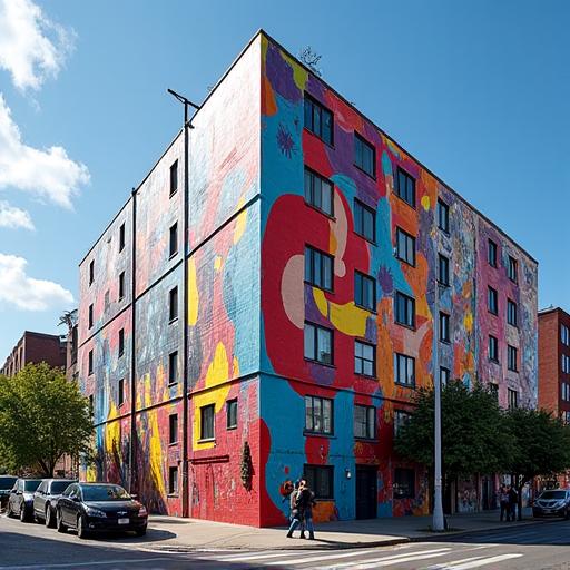 A colorful, large-scale mural on an urban building.