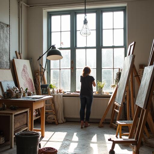 An artist working in a bright, spacious studio.